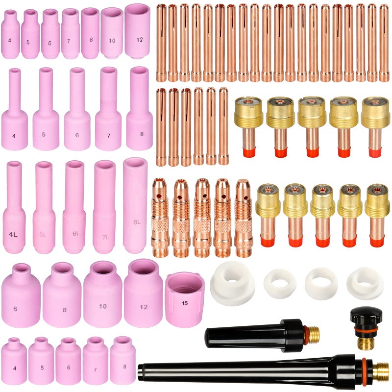 Alffun 67pcs TIG Gas Lens Back Cap Collet Body Assorted Size Kit Alumina Nozzle Fit TIG Welding Torch SR WP17 18 26 - Image 1